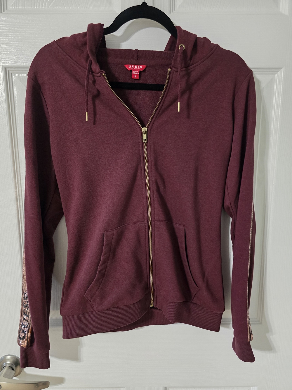 GUESS Women's Maroon Zip-Up Hoodie with Rose Gold Sequin Sleeves